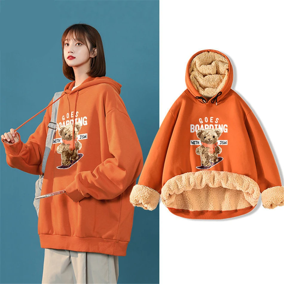 

Winter Lamb Fleece Thick Warm Hoodie Women Print Long Sleeve Fashion Loose Hooded High Quality Pullover Hoodies Orange