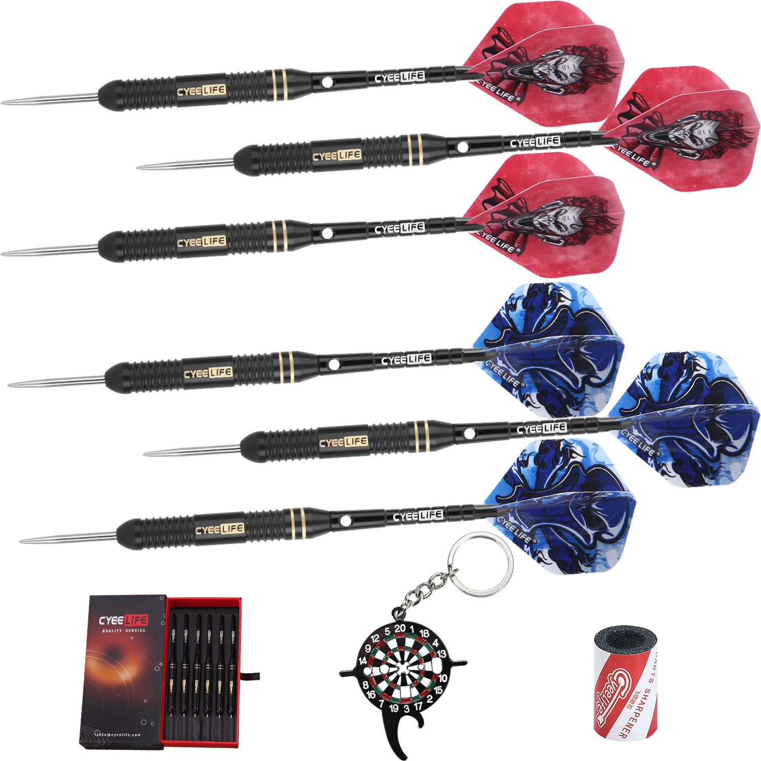 CyeeLife Steel tip darts 20/22/24g Brass,12 Flights + 6 Aluminium Shafts with Tool & Sharpener,Gift Packaging