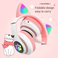 flash light cute cat ears bluetooth wireless headphone with mic can control led kid girl stereo music helmet phone headset gift