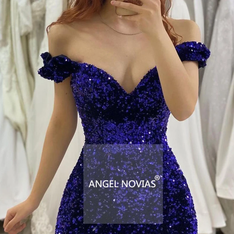 

Long Sexy Off the Shoulder Royal Blue Sequin Evening Dresses 2021 with Slit Long Women Dubai Arabic Prom Gown Robe Longue Soiree