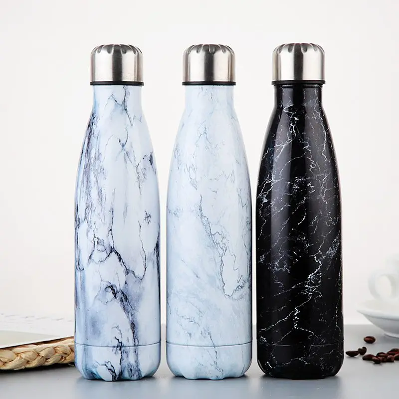 500ML Water Bottle Vacuum Insulated Flask Thermal Sport Chilly Hot Cold Wood grain Stainless Steel Creative Mug Marble Head Cup