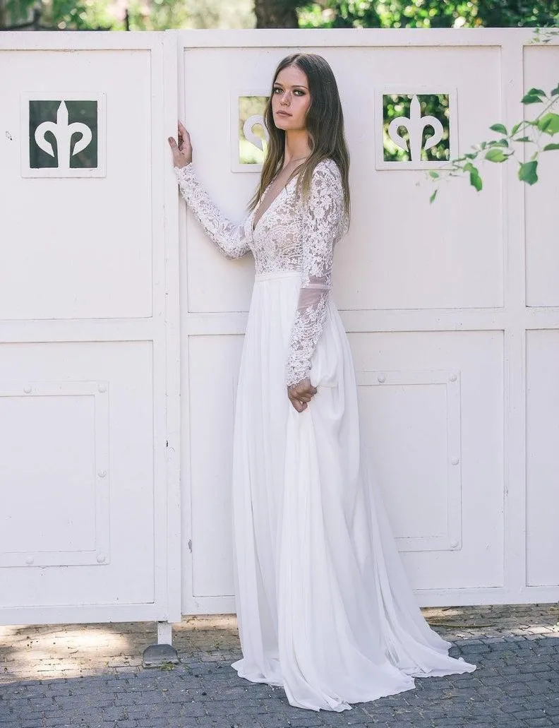 Женское шифоновое платье с длинным рукавом открытой спиной и V-образным вырезом -