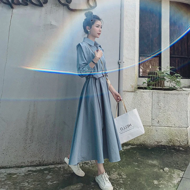 

Blue French Retro Shirt Dress Female Autumn New Style Elegant Slimming Sense of Design Non-mainstream Long Skirts
