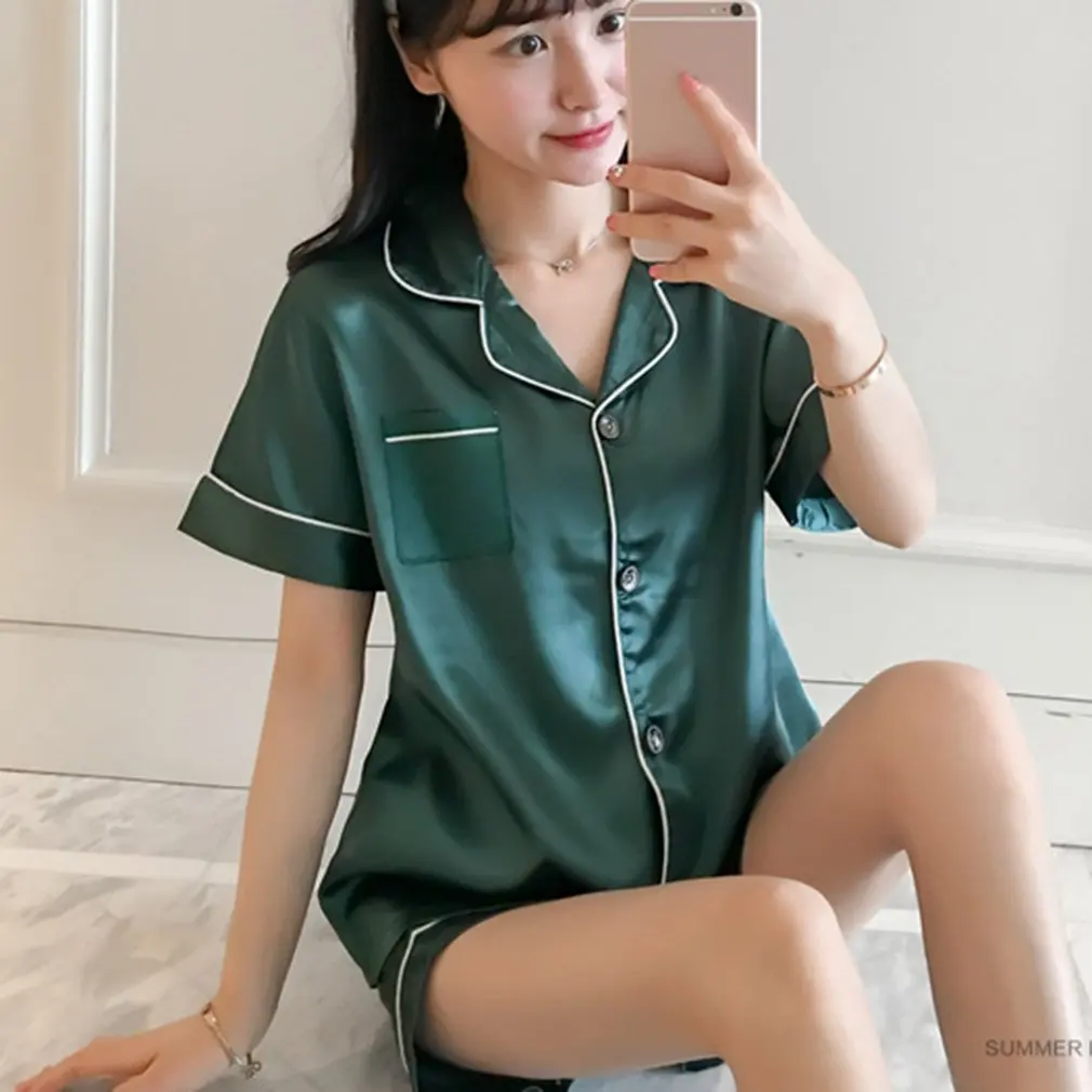 

Pajama Sets Silk Pijama Sexy Satin Sleepwear Women Summer Large Size Pyjama Femme Sleep Lounge Short Sleeve Pajama