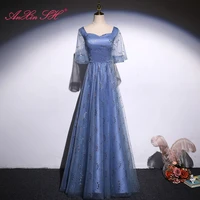 anxin sh princess blue lace evening dress vintage sweetheart bride performance short sleeve sparkly lace up evening dress