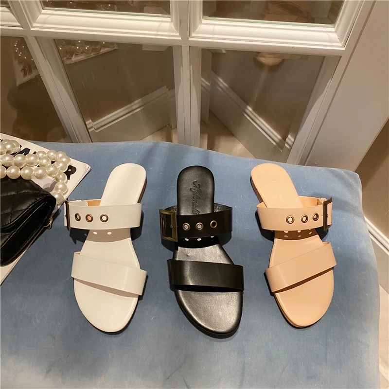 

ZAR Woman 2021 Flat Shoes Spring Summer New Sexy Fashion Buckle Black Round Toe Flat-Heeled Slippers Beach Sandals For Women