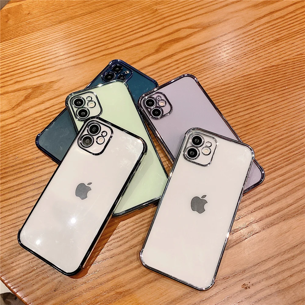 

Luxury 6D Plated Silver Clear Case For Iphone 11 Pro Max X Xr Xs Max Soft Silicone Stockproof Protect Lens For 7 8 Plus 12 Cover