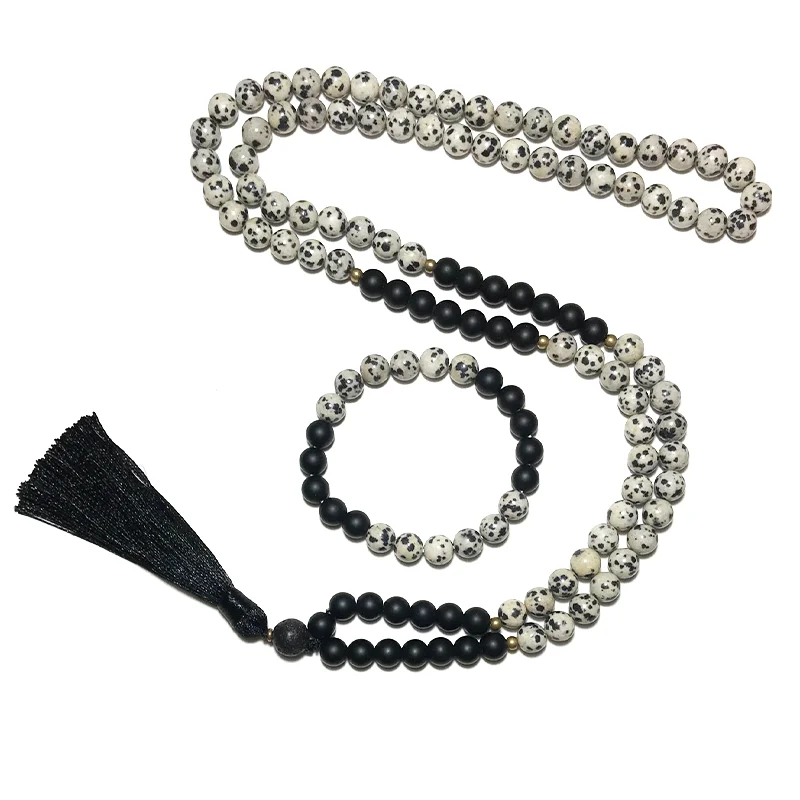 

8mm Natural Dalmatian Jasper Matte Black Agate Knotted Necklace Meditation Yoga Jewelry Set 108 Japamala Rosary Tassel Pendant