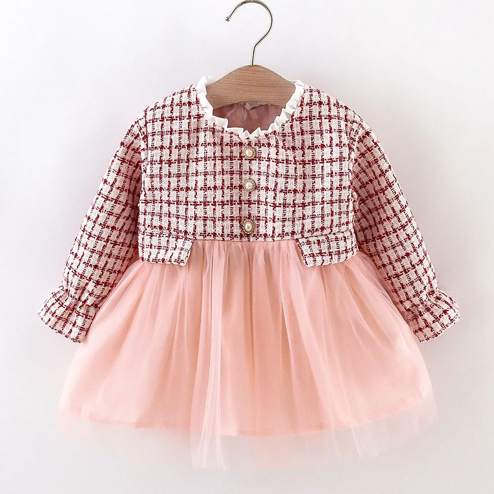 

Princess Girls Tutu Dresses For Party Plaid Mesh Patchwork Long Sleeve Spring Autumn Toddler Clothes Free Shipping