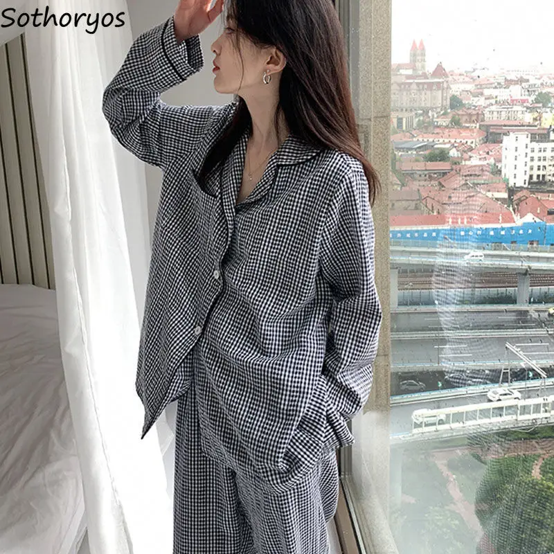 

Elegant Plaid Pajama Sets Women Simple Single Breasted Ins Hot Sale Homewear Nighty Soft Tender Harajuku Gentle Nightwear Casual