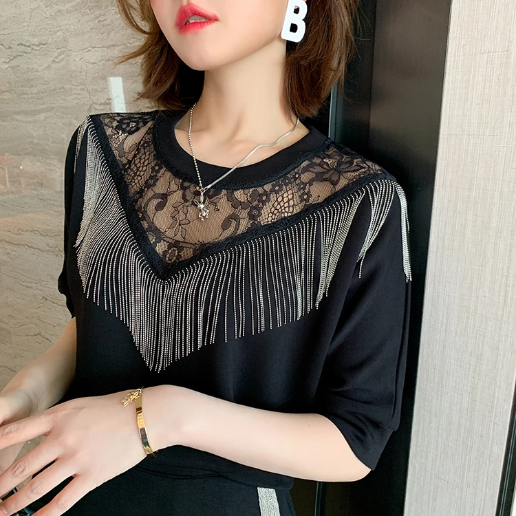 

New 2021 Summer Women's 2 Piece Set Fashion Tassel Lace Patchwork Shirt Top + Slim Bodycon Pencil Skirt OL Suits