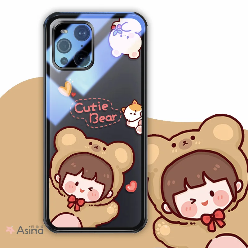 

ASINA Transparent Tempered Glass Case For OPPO Find X3 Shockproof Cute Cartoon Couple Cover Bumper For OPPO Find X3 Pro Princess
