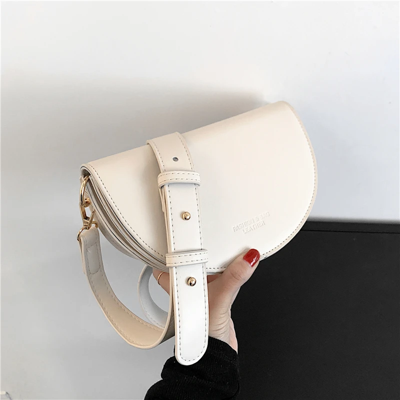 

Solid Color Wide Strap Small Saddle Crossbody Shoulder Bags For Women Fashion Half Moon High Quality PU Leather Purses 2021 NEW