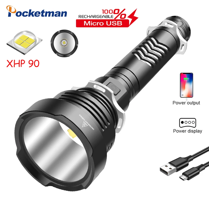 

10000LM Powerful XHP90 LED Flashlight With Shoulder Strap USB Rechargeable Lamp By 18650 26650 For Camping Outdoor Fishing Light