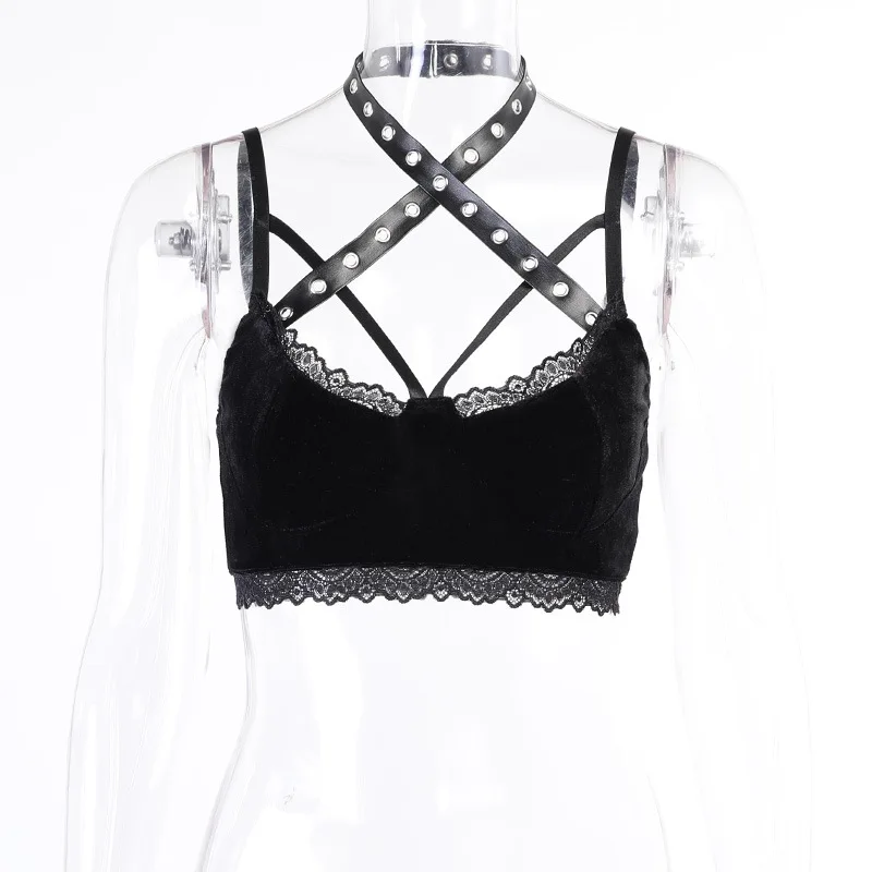 

FSNFOX Gothic Buckle Cross Strap Wrapped Chest Camis Sexy Navel Lace Trim Corset Top Ladies Elegent Blackless Bodycon Camisoles