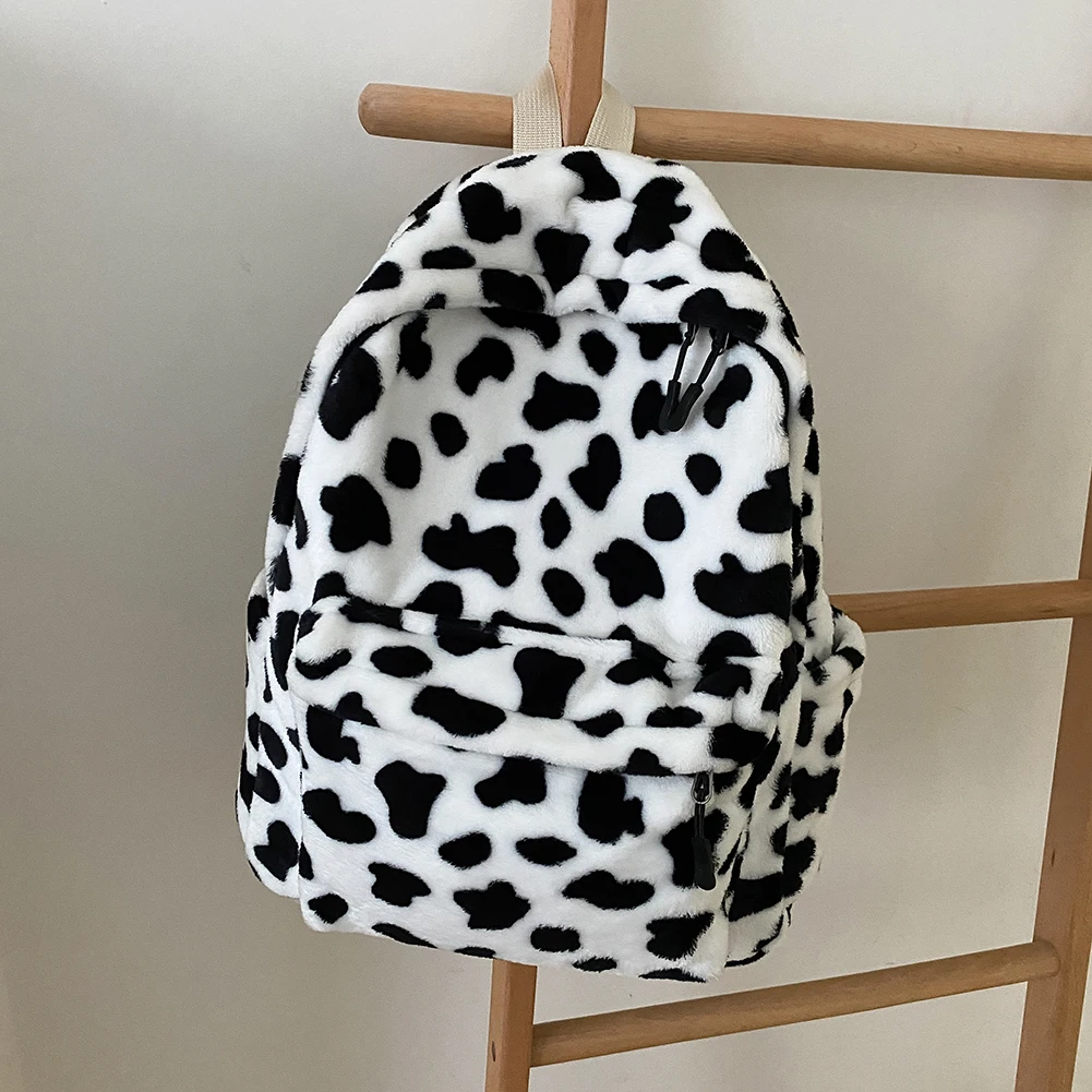 

Women Plush Backpack School Shoulder Bag Animal Cow Pattern Travel Rucksack Lady Student Bagpack Soft Bag for Teenage Girls New