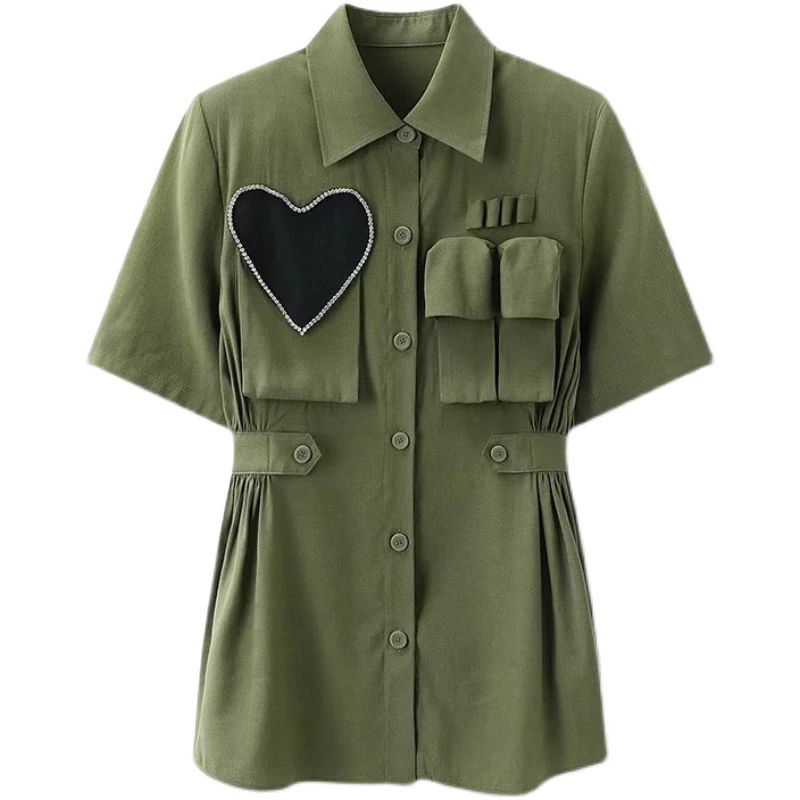 

VGH Casual Green Patchwork Pockets Shirts For Women Lapel Short Sleeve Korean Ruched Slim Blouses Female 2021 Summer Fashion New