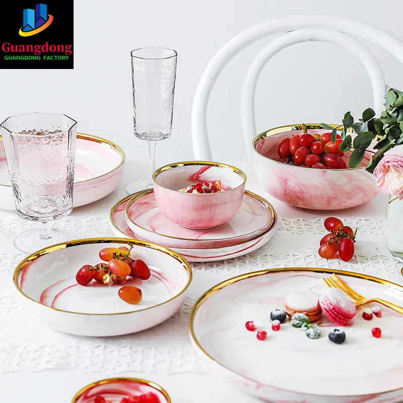 

Creative Marble Dinnerware Set with Glod Rim Ceramic Dinner Plate Salad Soup Ramen Noodle Bowl Small Dish Tray Crockery Pink