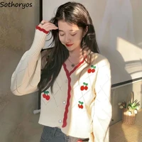 autumn cherry cardigans women v neck knitted sweaters female sweet tender cropped loose stylish popular girls outerwear hipster