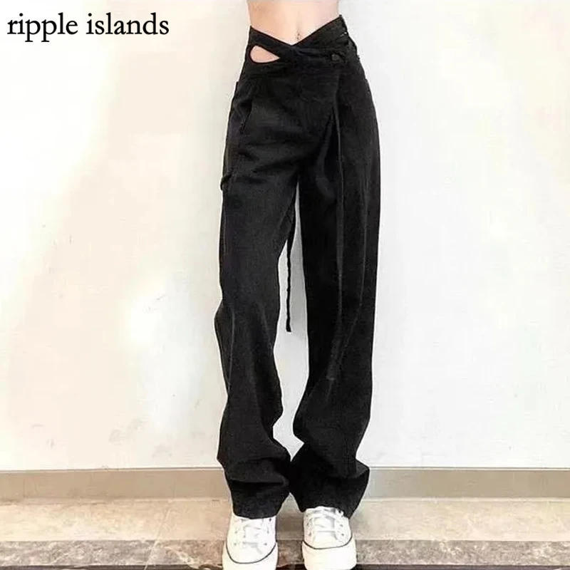 

Ripple Islands-Jeans Woman High Waist Sexy Pants Cargo Pants Women Y2K Jeans Retro Design Irregularly Thin Straight Casual Pants