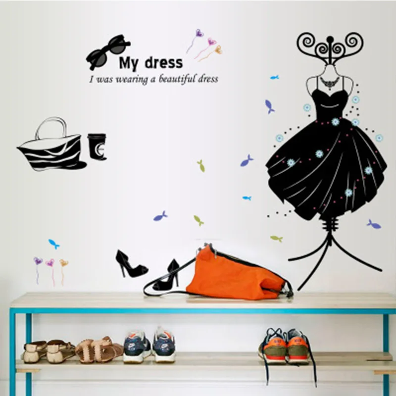 

Black Beautiful Dress Hat Bag High-heeled Shoes Store Window Glass Decal Sticker Bedroom Wardrobe Stairs Wall Decor Mural Poster