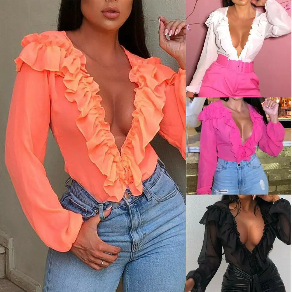 

Fashion Summer Women Sheer Mesh Deep V Translucent Solid Color Blouse Ruffle Lantern Sleeve Shirt Sexy Tops Falbala Shirts