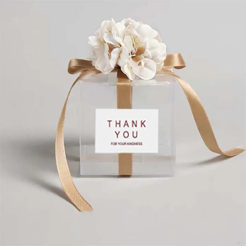 

Wedding Favor Transparent Gift Bags Thank You Artificial Flower Ribbon Wedding Souvenirs for Guests Matte Dragees Box Baptism