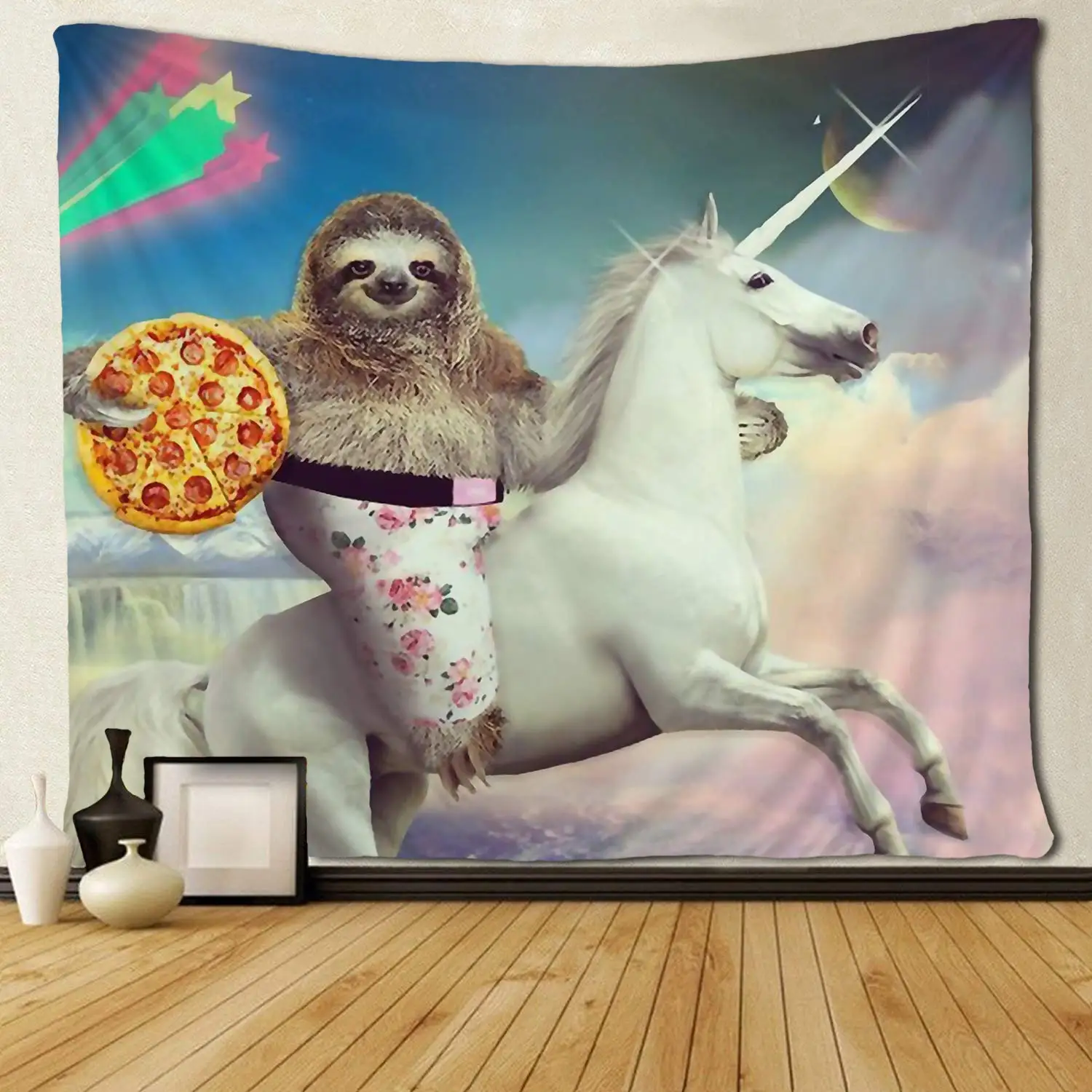 

Unicorn Rainbow Sloth Love Pizza Tapestry Art Wall Hippie Art Funny Animal Wall Hanging