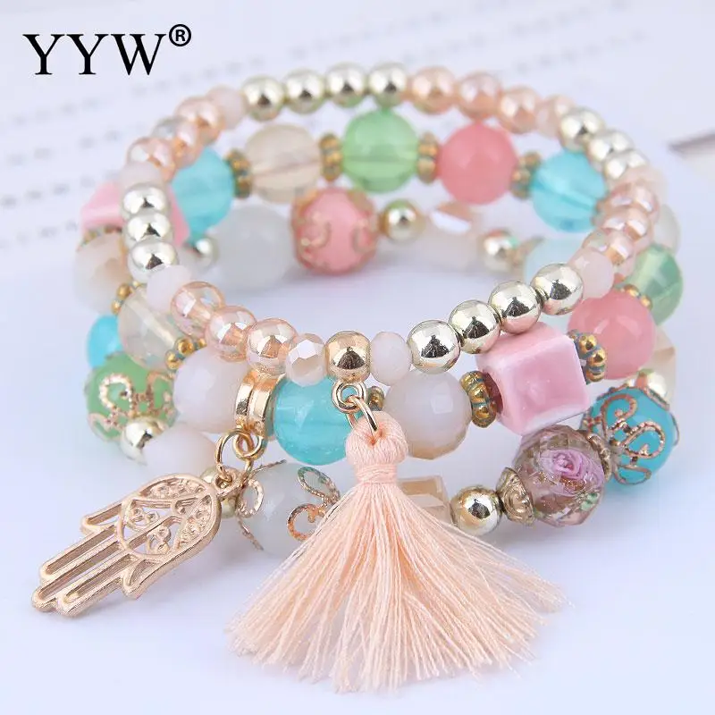 Многослойный этнический женский браслет красочные Seadbeads кисточкой эластичные