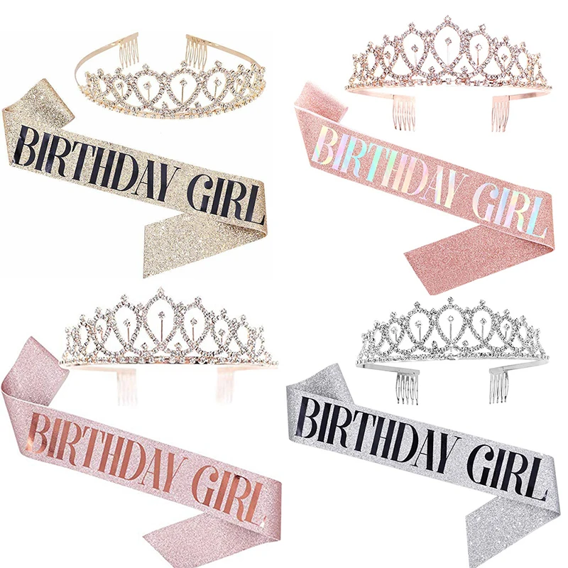 

1 Set Girl Birthday Party Etiquette Belt Crystal Crown Tiara Birthday Shoulder Strap Anniversary Happy 18 21 30 40 Party