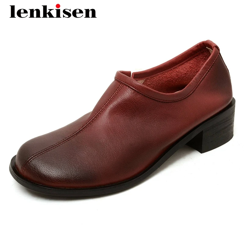 

Lenkisen comfortable vintage full grain leather three colors round toe thick med heel slip on young lady modern women pumps L84
