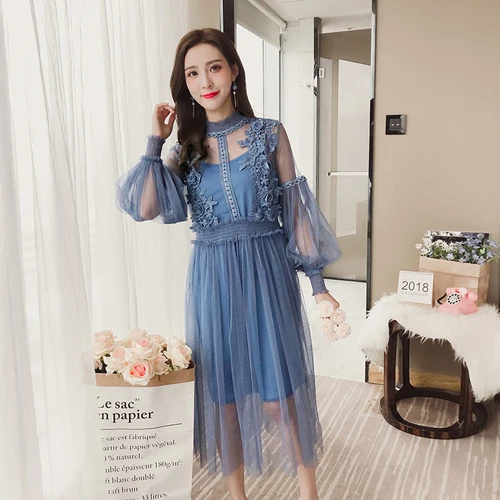 Женское Сетчатое платье с воротником стойкой прозрачное кружевное рукавами