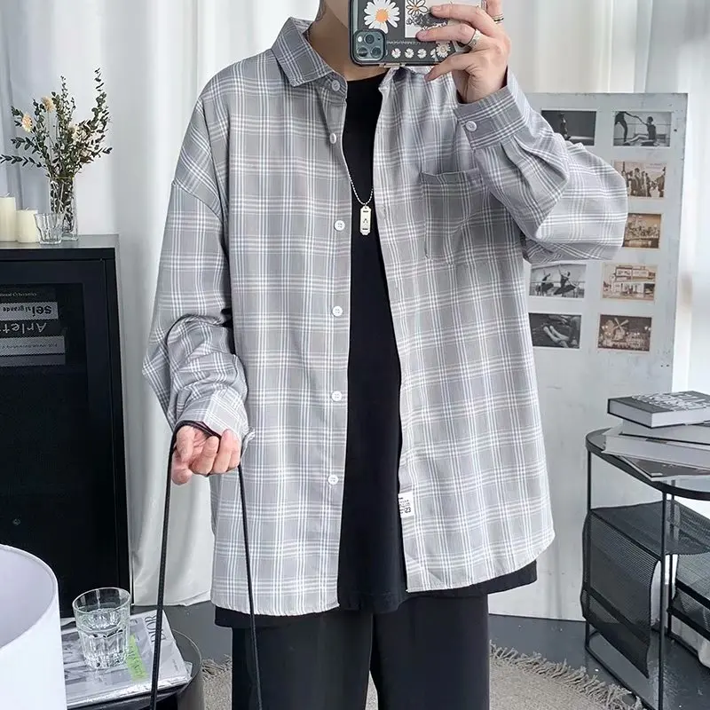 

Men's Long-sleeved Plaid Shirt Thin Shirt Korean Fashion Japanese Style Tooling Loose Casual Jacket 2021
