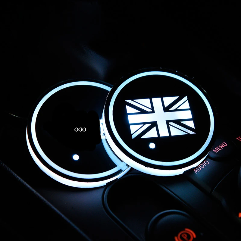 

2Pcs Car LED Cup Holder Pad With Logo 9 Colors Change For MINI COOPER Interior Colorful Atmosphere Anti-slip Mat Coffee Cushion