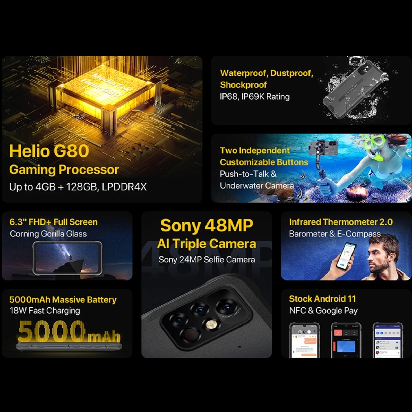 Смартфон UMIDIGI BISON Pro 4 + 128 ГБ IP68/IP69K упрочненный 6 3 дюйма FHD Helio G80 Android 11 | Мобильные