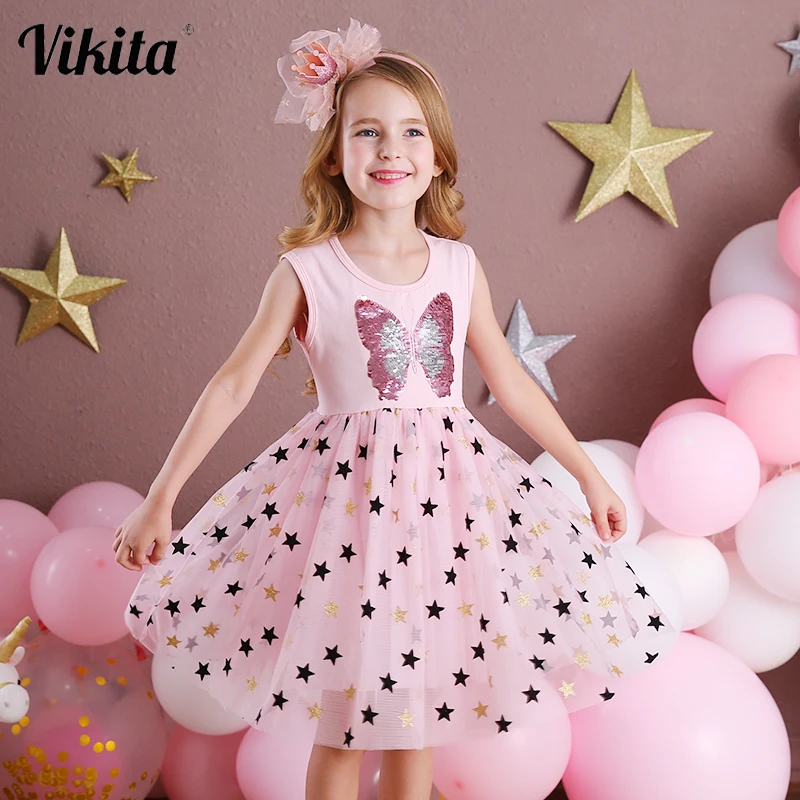 

VIKITA Girl Princess Dress New Summer Kid Girls Dress Sequins Sweet Children Party Wear Kids Butterfly Costume Children Clothing