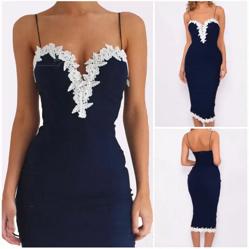 

Sexy Women Bodycon Strappy V Neck Lace Flower Evening Party Ladies Midi Dress US Bikini Cover Up Beachwear