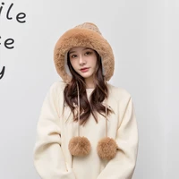 fashionable woman autumn and winter cotton cashmere pullover hat three wool ball cute add cashmere thickened cold proof warm sol