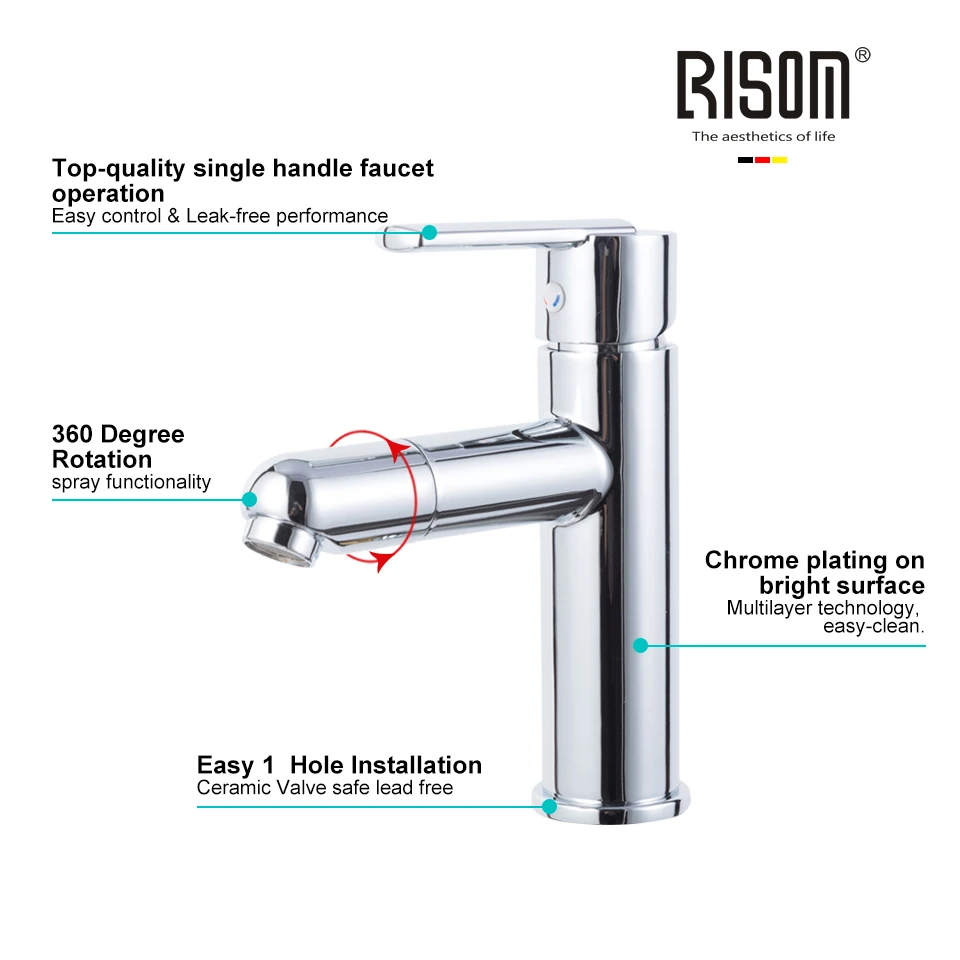 

RISOM Bathroom faucet Washbasin Single Handle Design Chrome Mixer Tap 360 Degree Rotation hot and cold water High-Quality faucet