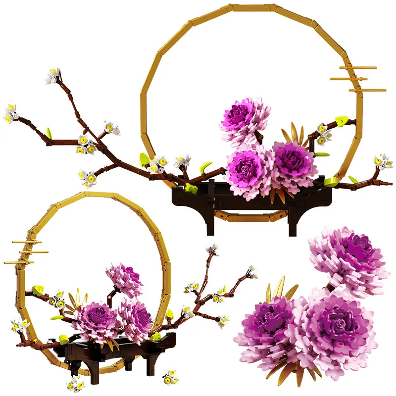 

City Blooming Peony Flowers Full Moon Street View Building Blocks Friends Home Ornaments Decoration Bricks Toys For Kids Gifts