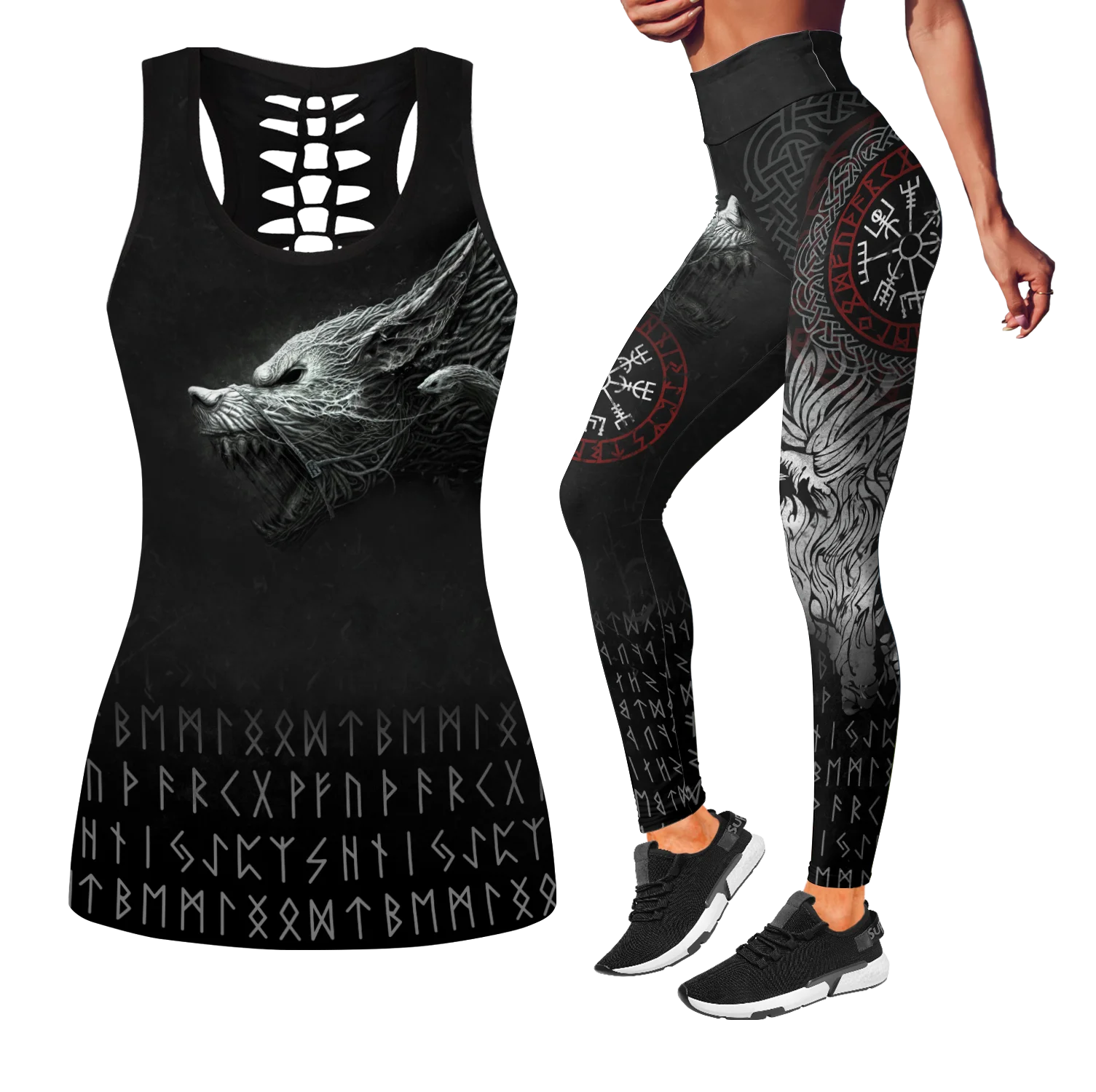Viking Fenrir Tattoo 3D Printed Hollow Tank Top & Leggings Set Fitness Female Full Length Leggings Comfortable Yoga Pants LKB-05