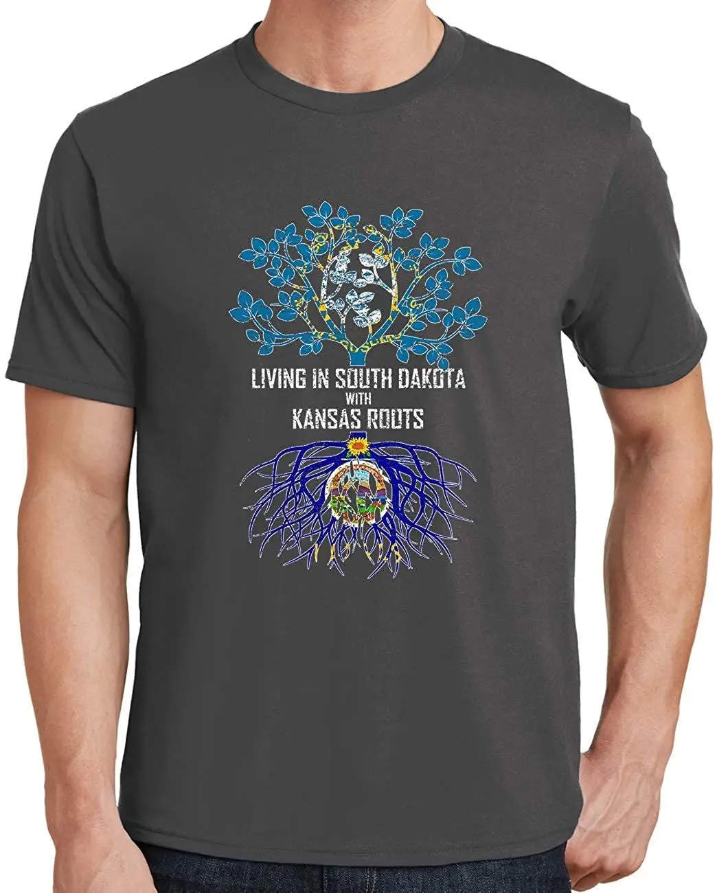 

Men's Living In South Dakota With Kansas Roots T-Shirt Cool T Shirts Breathable All Cotton Short Sleeve Tshirt