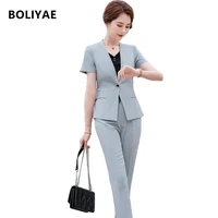 boliyae summer women pants suit short sleeve fashion blazer and trouser bussiness jacket with skirt office lady 2 pieces sets