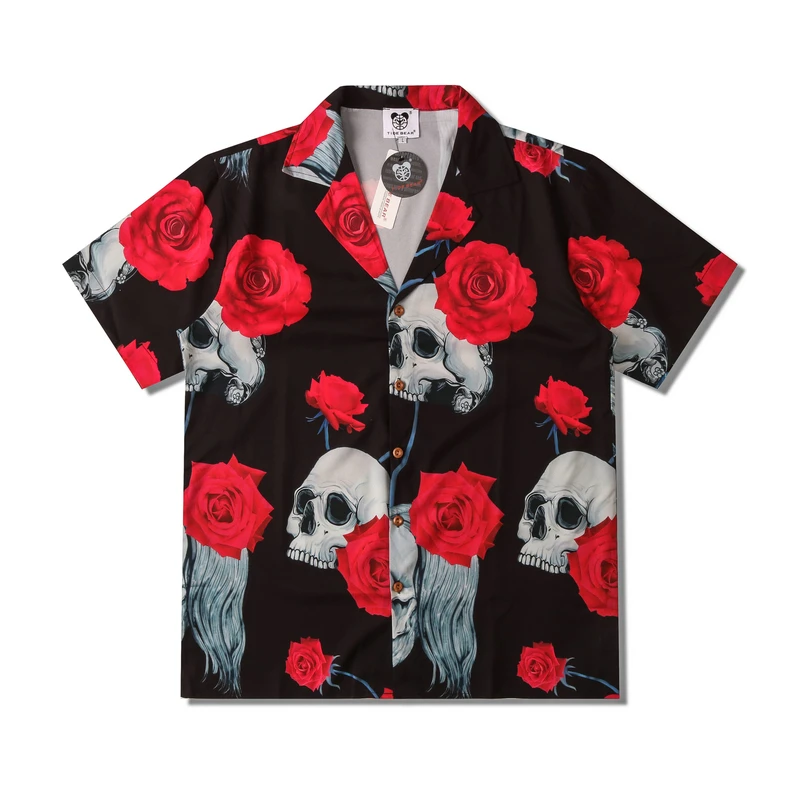 

Shirt For Men Lapel Streetwear Blouse Casual Summer Short Sleeve Hawaiian Beach Shirts Skull Red Rose Print Camisas De Hombre