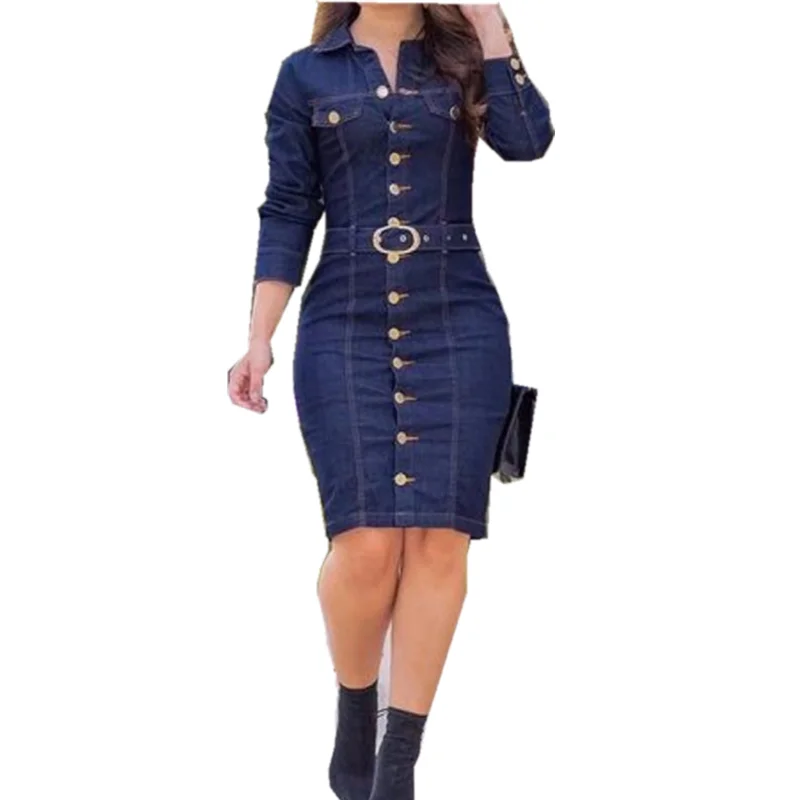 

WEPBEL Denim Dress Women Long Sleeved Casual Lapel Collar Elegant Solid Color High Waist Knee-Length Dress Single Breasted Jeans