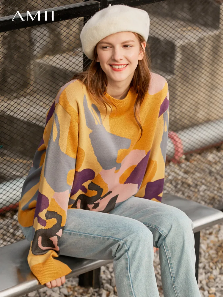 Женский свободный свитер Amii контрастный шерстяной пуловер с круглым вырезом