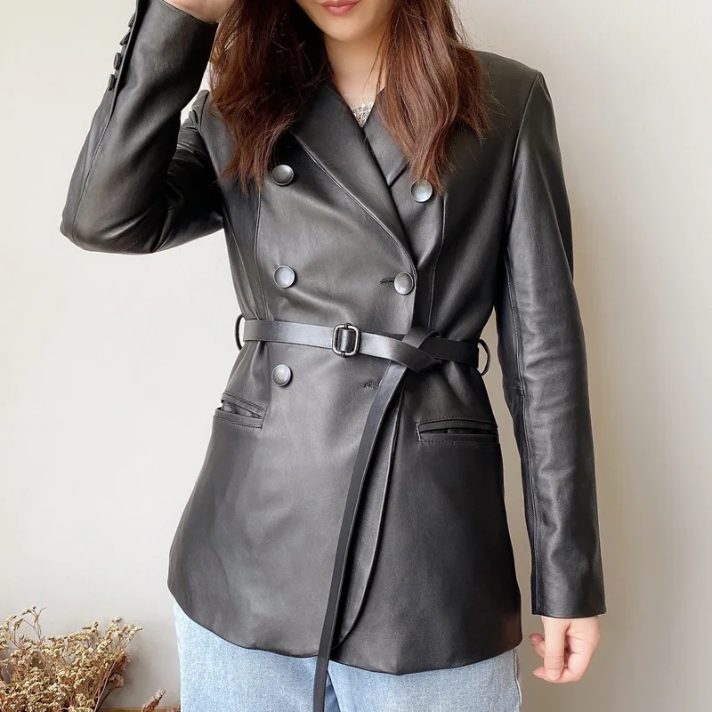 Abrigo de cuero de oveja auténtico para mujer, chaqueta de cuero genuino para mujer, cinturón de doble botonadura, abrigos negros ajustados, gabardina