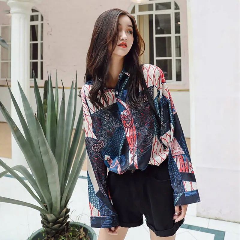 

Streetwear Women Blouse Fashion Printed Shirt Female Loose Turn-Down Collar Shirts Long Sleeve Tops and Blouses