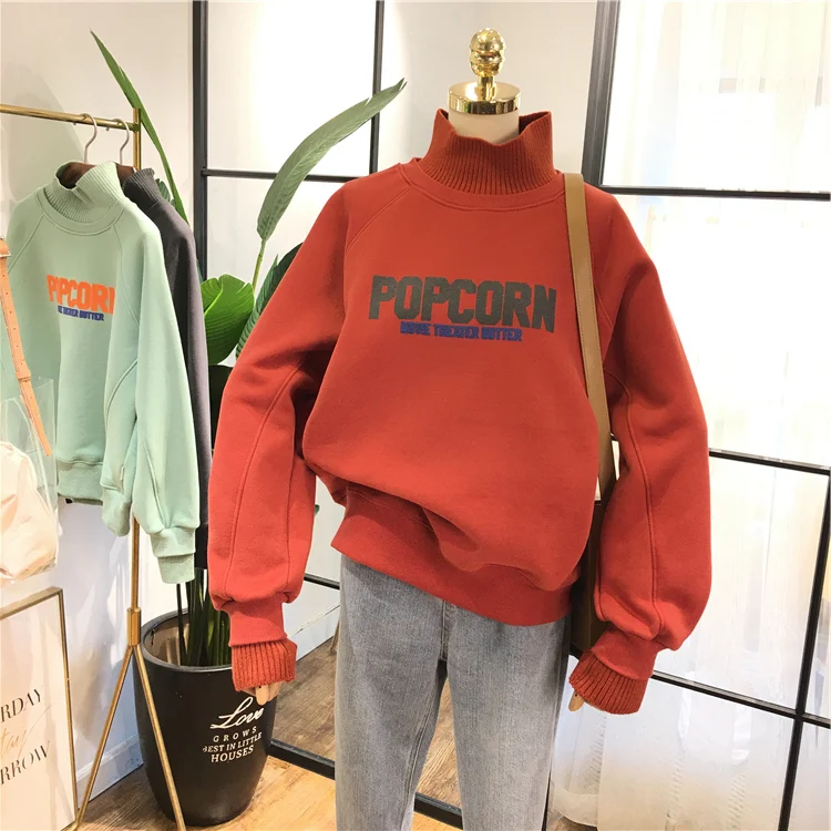 Korean Autumn New with Velvet Thick Hoodies Women High Collar Knit Spliced Loose Shirt Leisure Students Letter Sweatshirt Tops | Женская