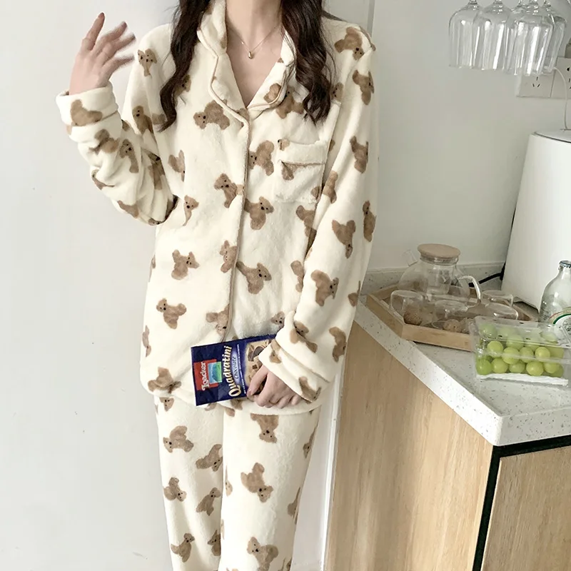 Couple Lovers Kawaii Bear Autumn Winter Pajamas Set Women Single Breasted Shirts + Trouser Set Two Piece Home Suit Sleepwear